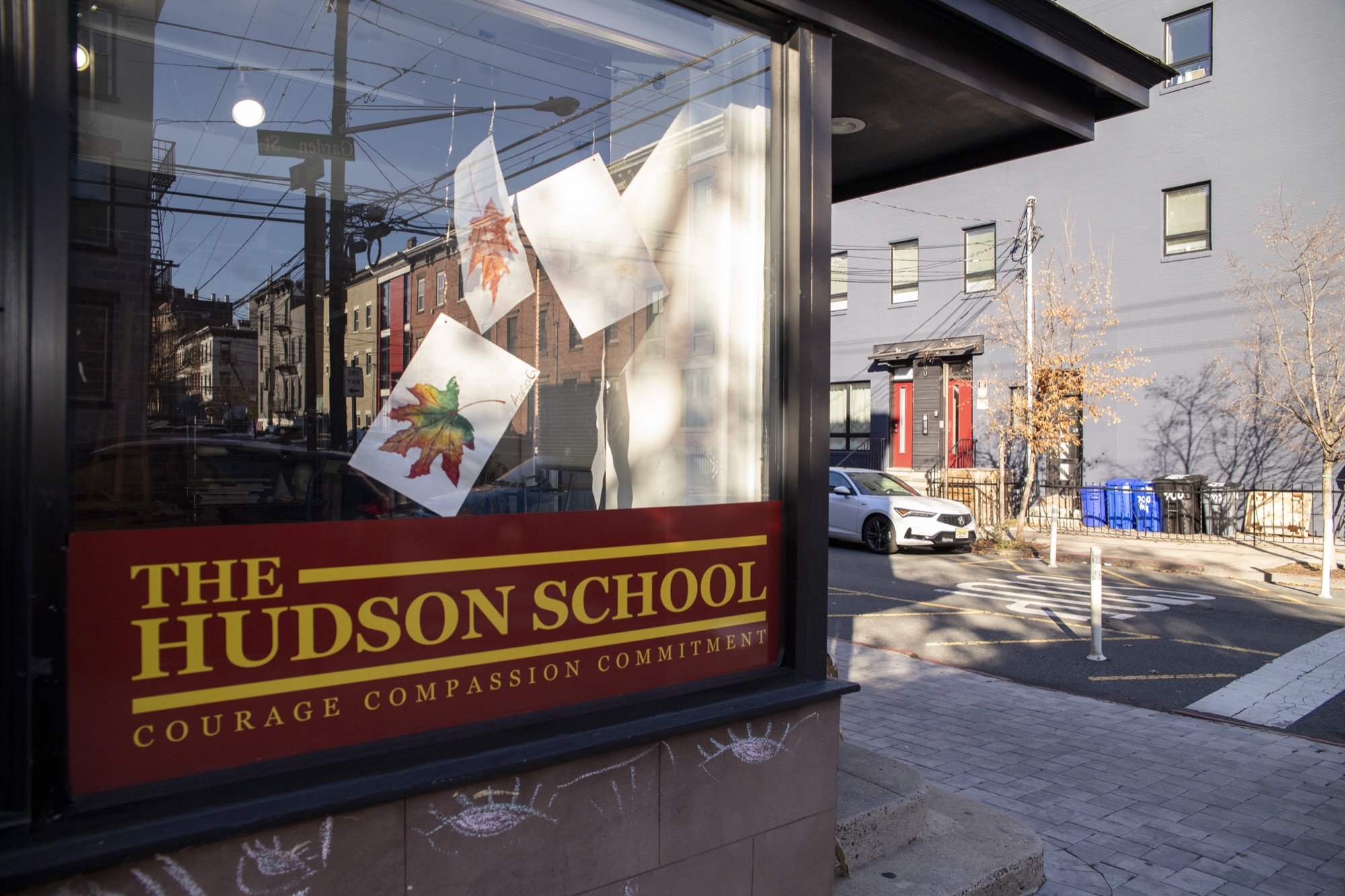 The Hudson School exterior entrance sign on the Hoboken campus