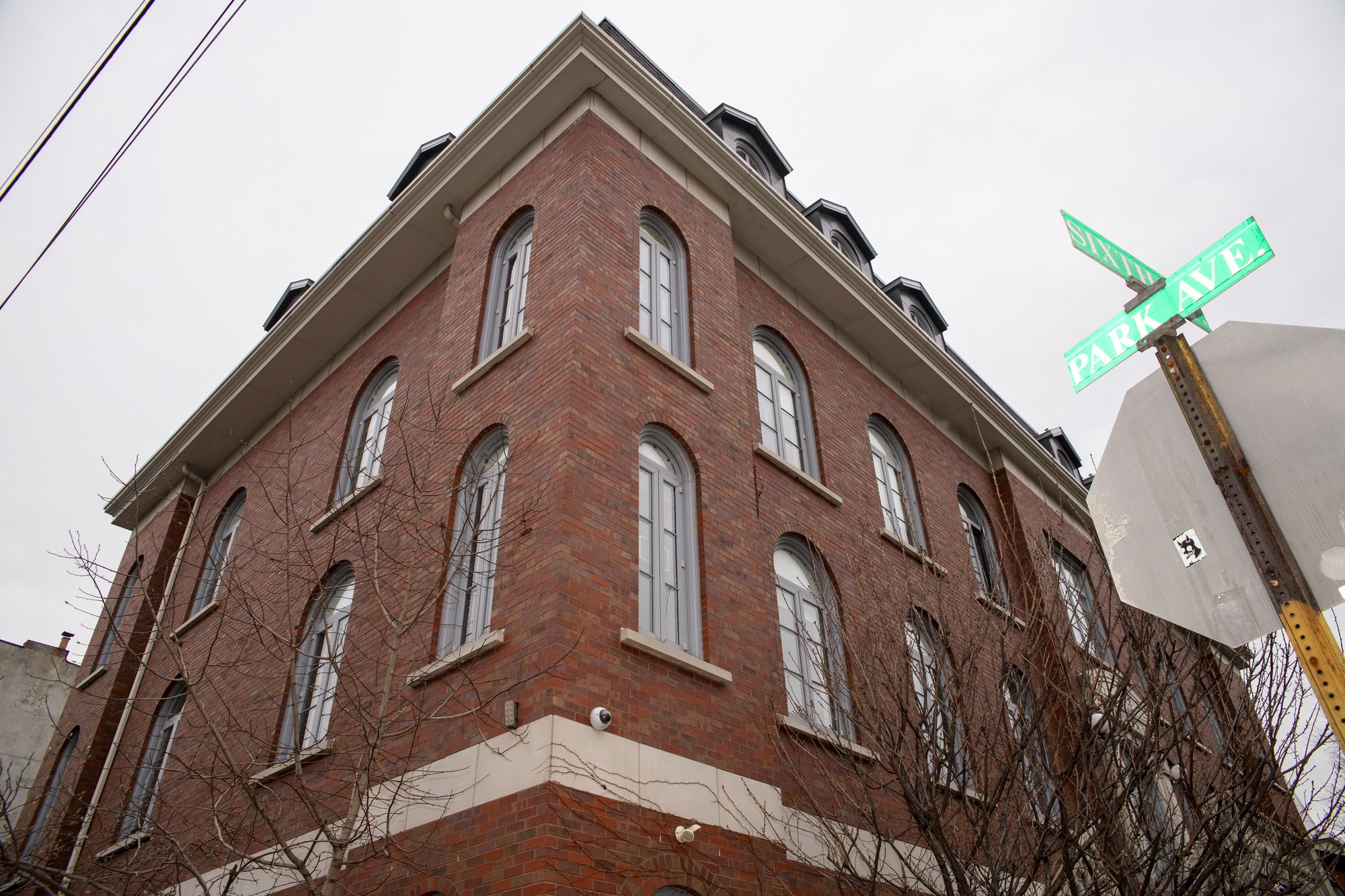 Hudson School building dramatic low angle view