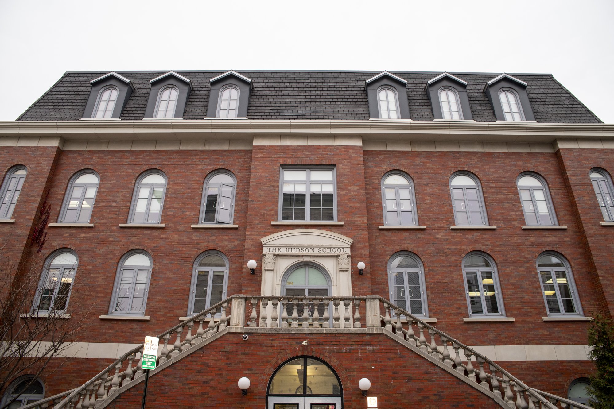 School building entrance with signage