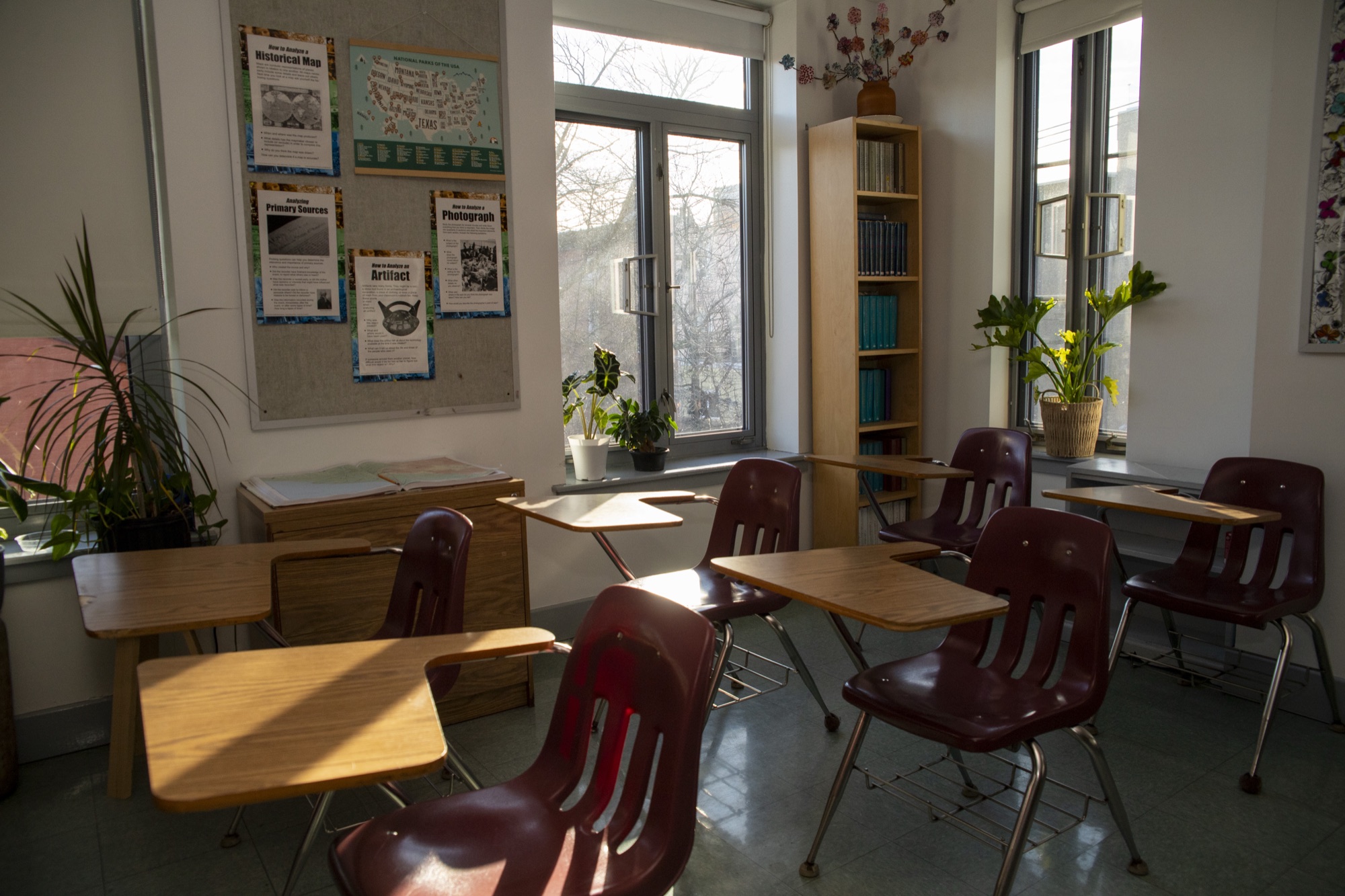 Bright, sunlit Hudson School classroom interior bathed in natural light